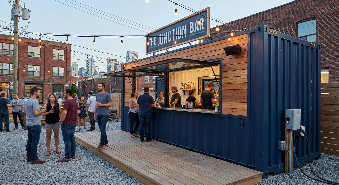 Shipping container bar business concept with modern outdoor setup