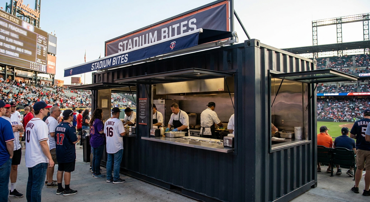 Shipping container kitchen serving stadium concessions