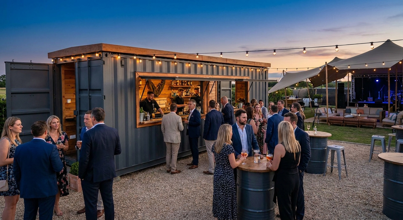 Shipping container bar as a smart investment for event venues, showing a modern shipping container bar setup at a lively event space