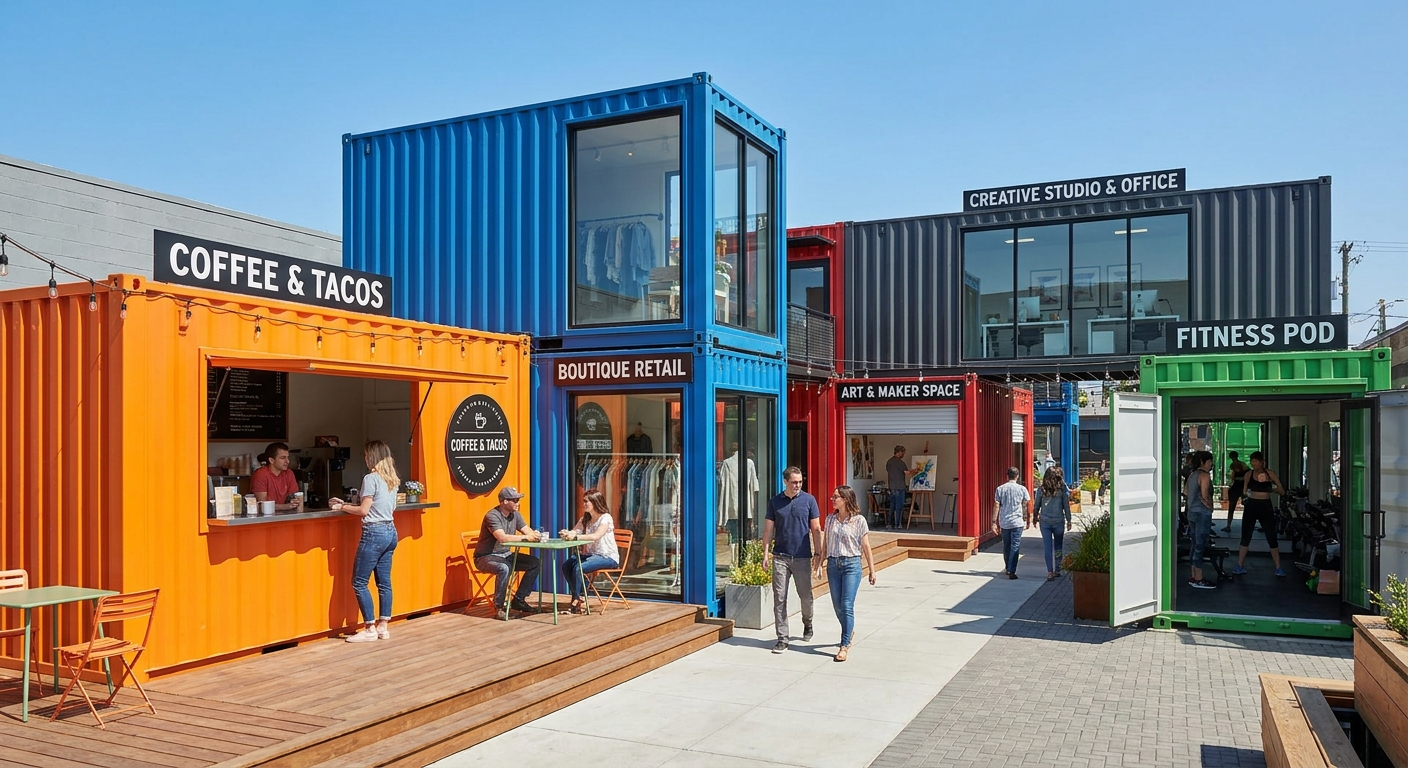 Businesses that are ideal for shipping container buildings, such as coffee shops, retail pop-ups, and creative studios