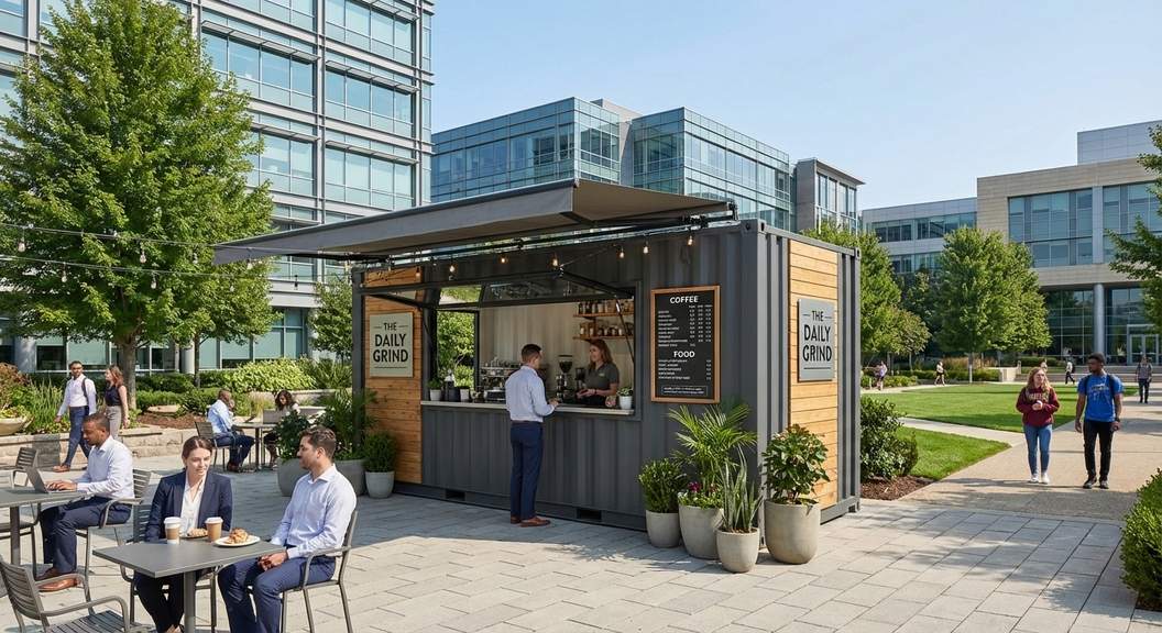 Container cafe in an office park with people walking and gathering, illustrating foot traffic and engagement