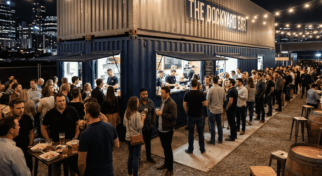 Shipping container bar serving a large weekend crowd efficiently