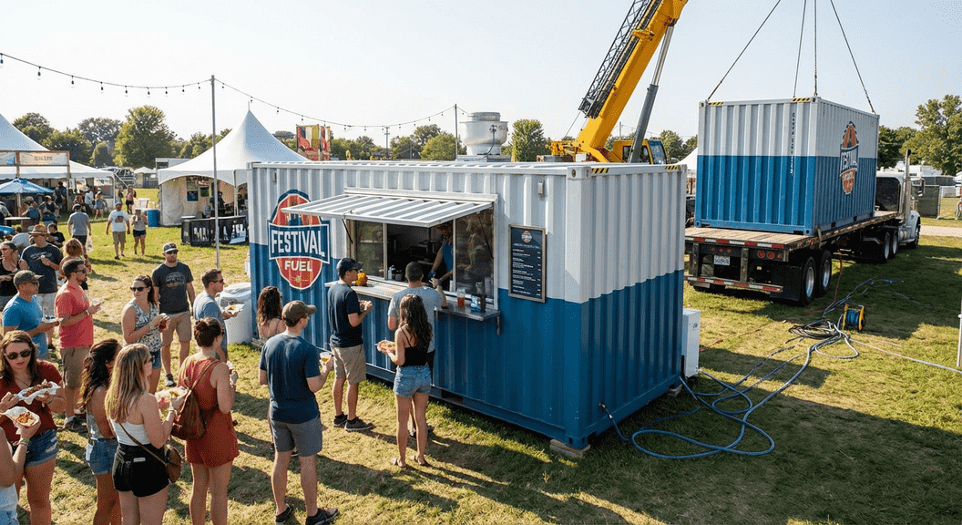 Turnkey container concession setup at an event, showing its fit and benefits for event organizers